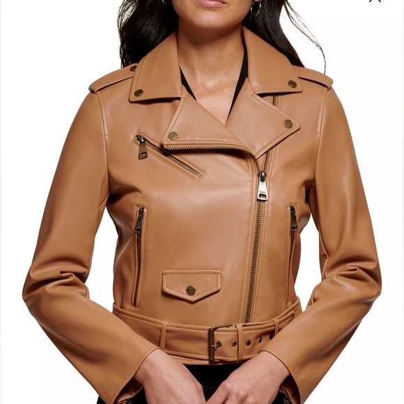 Motorcycles jacket edgy style faux leather zipper jacket camel brown color new - Picture 4 of 12